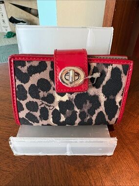 Coach Ocelot business card holder Leopard Print Wallet with Red patent Trim